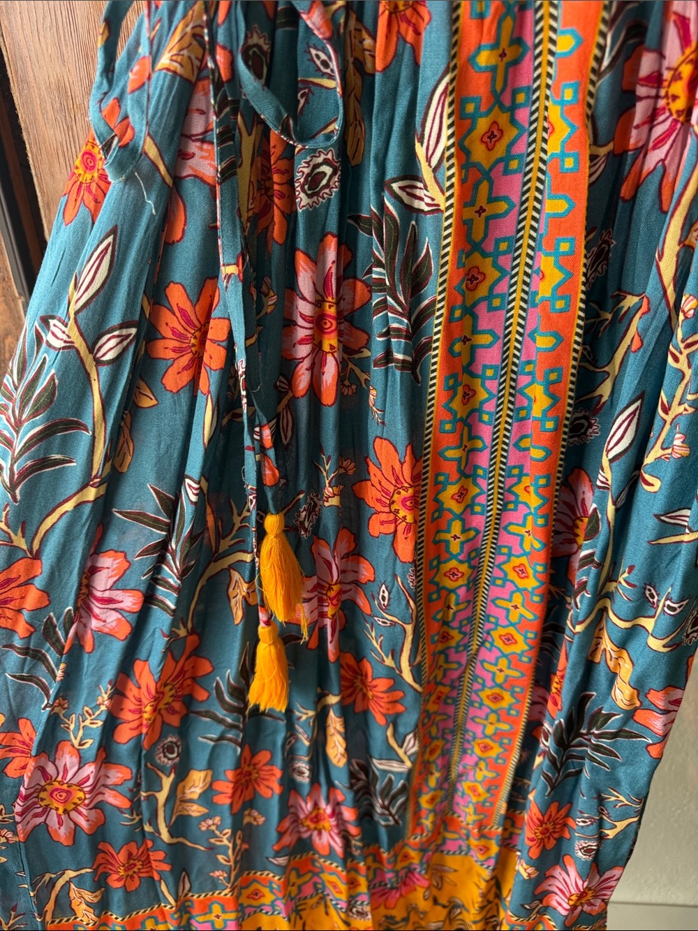 Cost Plus World Market Teal Floral Maxi Dress with Orange, Pink & Yellow - Picture 2 of 5